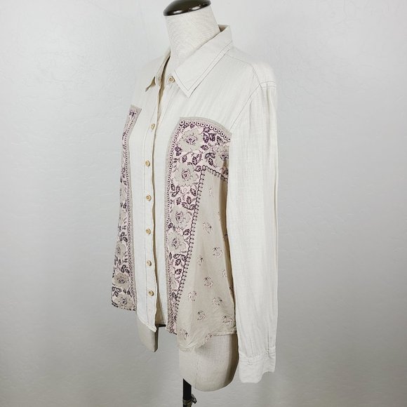 Free People Top S Ivory Burgundy Floral Lightweight Button-Front Collared Shirt - Picture 2 of 8